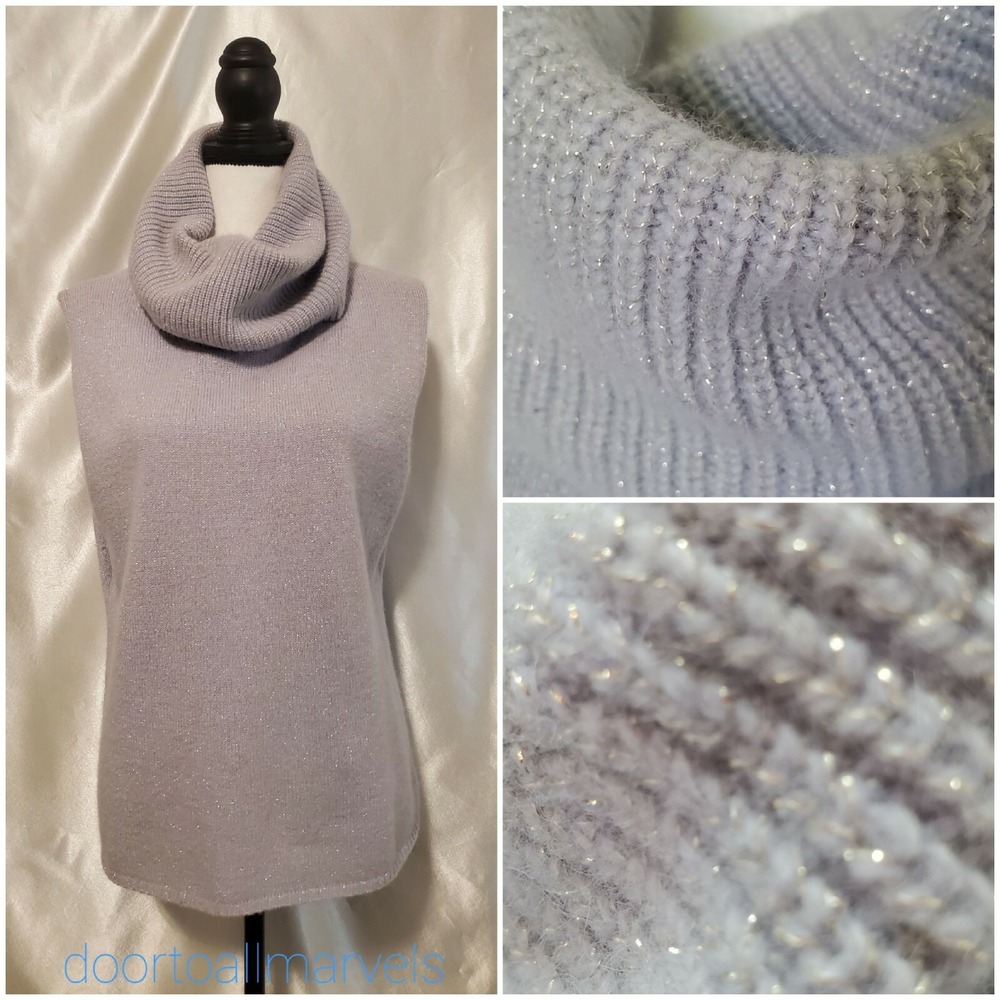 Willi Smith Lambswool & Angora Pullover Vest Cowl Neck Silver Knit Women XL VTG